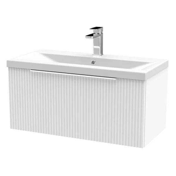 Venice Fluted 800mm White Vanity Unit   Wall Hung Single Drawer Unit with Chrome Handle