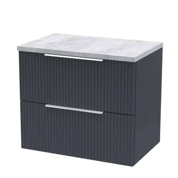 Venice Fluted 600mm Anthracite Vanity Unit   Wall Hung 2 Drawer Unit with Bellato Grey Worktop & Chrome Handles