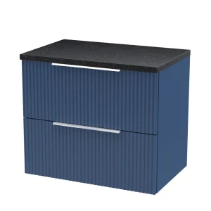 Venice Fluted 600mm Blue Vanity Unit   Wall Hung 2 Drawer Unit with Black Worktop & Chrome Handles