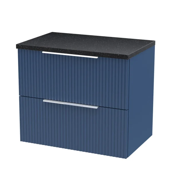 Venice Fluted 600mm Blue Vanity Unit   Wall Hung 2 Drawer Unit with Black Worktop & Chrome Handles