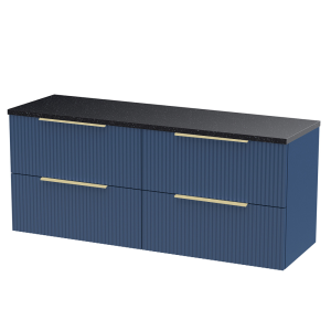 Venice Fluted 1205mm Blue Vanity Unit   Wall Hung 4 Drawer Unit with Sparkling Black Worktop & Brushed Brass Handles