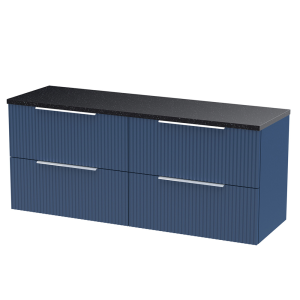 Venice Fluted 1205mm Blue Vanity Unit   Wall Hung 4 Drawer Unit with Sparkling Black Worktop & Chrome Handles