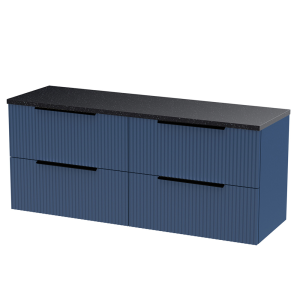 Venice Fluted 1205mm Blue Wall Hung Vanity Unit   4 Drawers, Sparkling Black Worktop & Matt Black Handles