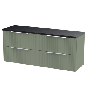 Venice Fluted 1205mm Green Vanity Unit   Wall Hung 4 Drawer Unit with Sparkling Black Worktop & Chrome Handles