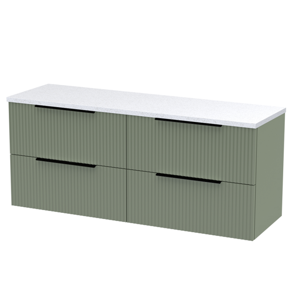 Venice Fluted 1205mm Green Vanity Unit   Wall Hung 4 Drawer Unit with Sparkling White Worktop & Matt Black Handles