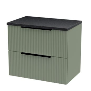Venice Fluted 600mm Satin Green Wall Hung Vanity Unit   2 Drawers, Sparkling Black Worktop & Matt Black Handles