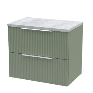 Venice Fluted 600mm Green Vanity Unit   Wall Hung 2 Drawer Unit with Bellato Grey Worktop & Chrome Handles