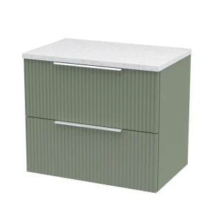 Venice Fluted 600mm Green Vanity Unit   Wall Hung 2 Drawer Unit with White Worktop & Chrome Handles