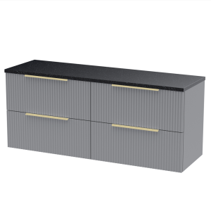 Venice Fluted 1205mm Grey Wall Hung Vanity Unit   4 Drawers, Sparkling Black Worktop & Brushed Brass Handles