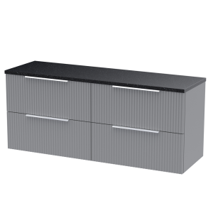 Venice Fluted 1205mm Grey Wall Hung Vanity Unit   4 Drawers, Sparkling Black Worktop & Chrome Handles