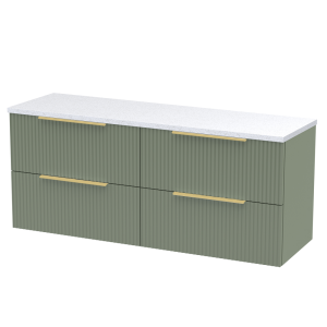 Venice Fluted 1205mm Green Vanity Unit   Wall Hung 4 Drawer Unit with Sparkling White Worktop & Brushed Brass Handles