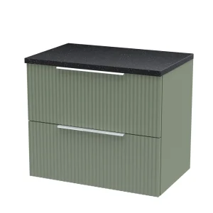 Venice Fluted 600mm Green Vanity Unit   Wall Hung 2 Drawer Unit with Black Worktop & Chrome Handles