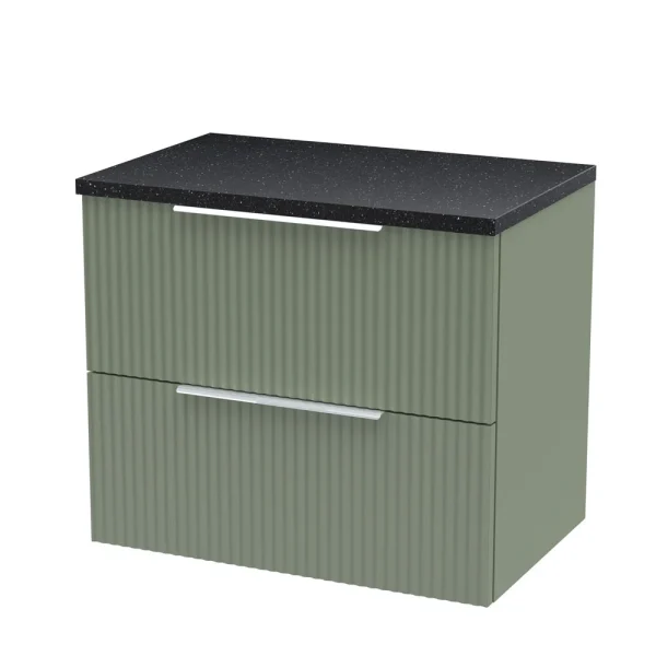Venice Fluted 600mm Green Vanity Unit   Wall Hung 2 Drawer Unit with Black Worktop & Chrome Handles
