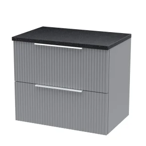 Venice Fluted 600mm Grey Vanity Unit   Wall Hung 2 Drawer Unit with Black Worktop & Chrome Handles