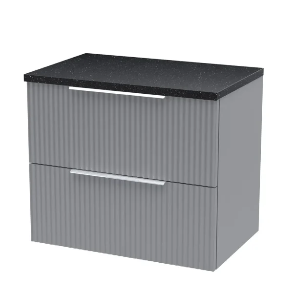 Venice Fluted 600mm Grey Vanity Unit   Wall Hung 2 Drawer Unit with Black Worktop & Chrome Handles