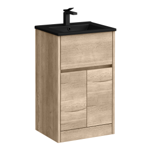 Venice Linea Floor Standing Vanity Unit w. Drawer and 2 Doors   Rustic Oak   500mm with Matt Black Slimline Basin