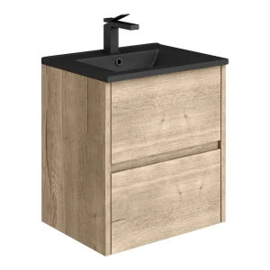 Venice Linea Wall Hung 2 Drawer Vanity Unit   Rustic Oak   500mm with Matt Black Slimline Basin