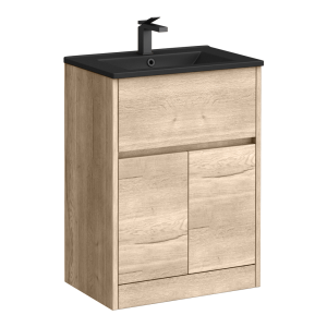 Venice Linea Floor Standing Vanity Unit w. Drawer and 2 Doors   Rustic Oak   600mm with Matt Black Slimline Basin
