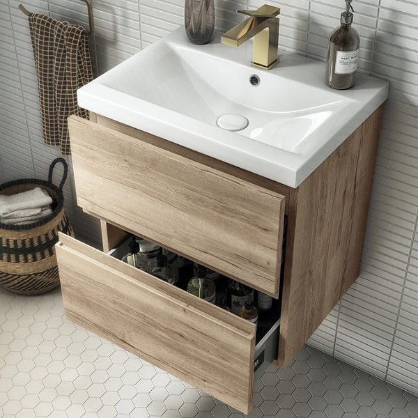 Venice Linea 600mm Rustic Oak Wall Hung 2 Drawer Vanity Unit - Image 2