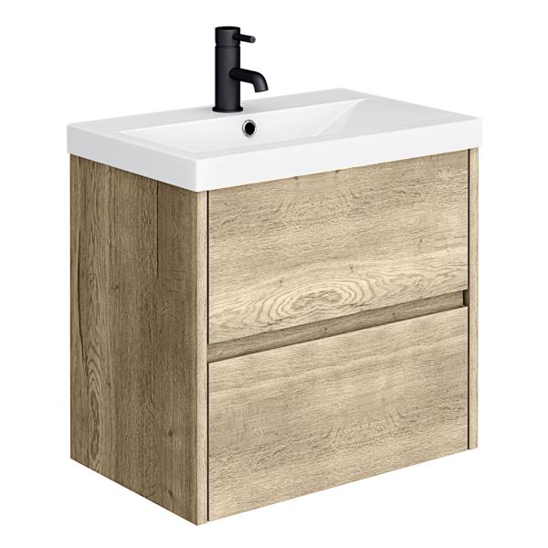 Venice Linea 600mm Rustic Oak Wall Hung 2 Drawer Vanity Unit