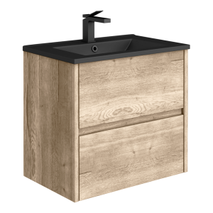 Venice Linea Wall Hung 2 Drawer Vanity Unit   Rustic Oak   600mm with Matt Black Slimline Basin