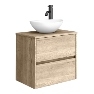 Venice Linea Rustic Oak Countertop Basin Unit   600mm 2 Drawer with Oval Matt White Basin