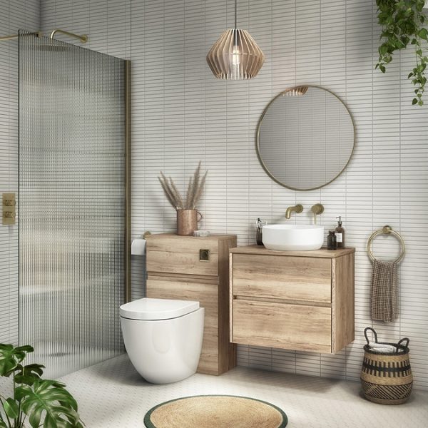 Venice Linea Rustic Oak Countertop Basin Unit   600mm 2 Drawer with Round Matt White Basin - Image 3