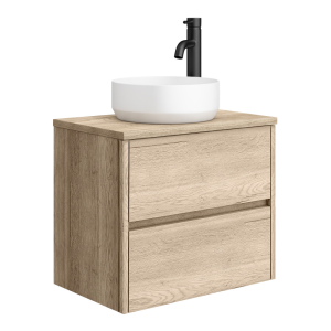 Venice Linea Rustic Oak Countertop Basin Unit   600mm 2 Drawer with Round Matt White Basin