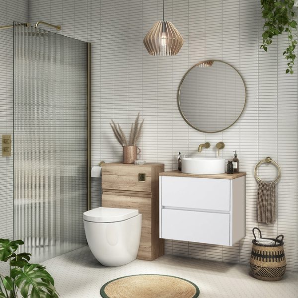 Venice Linea 600mm Satin White Vanity   Wall Hung 2 Drawer Unit with Rustic Oak Worktop - Image 2