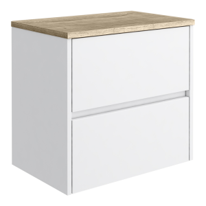 Venice Linea 600mm Satin White Vanity   Wall Hung 2 Drawer Unit with Rustic Oak Worktop