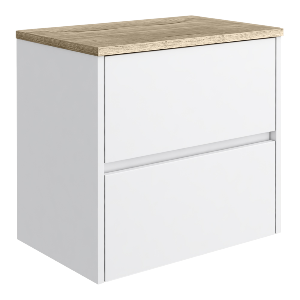 Venice Linea 600mm Satin White Vanity   Wall Hung 2 Drawer Unit with Rustic Oak Worktop