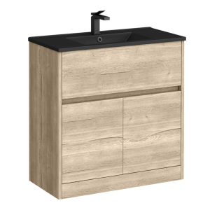 Venice Linea Floor Standing Vanity Unit w. Drawer and 2 Doors   Rustic Oak   800mm with Matt Black Slimline Basin