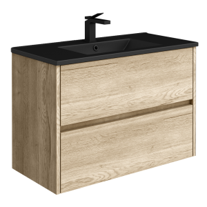 Venice Linea Wall Hung 2 Drawer Vanity Unit   Rustic Oak   800mm with Matt Black Slimline Basin