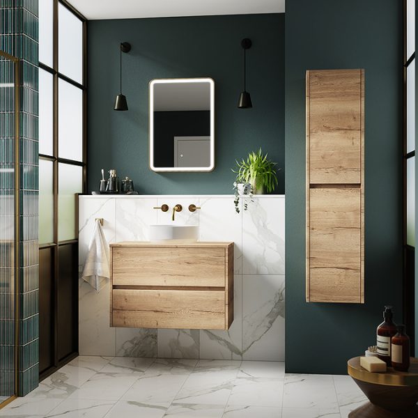 Venice Linea 800mm Rustic Oak Vanity   Wall Hung 2 Drawer Unit with Worktop - Image 3