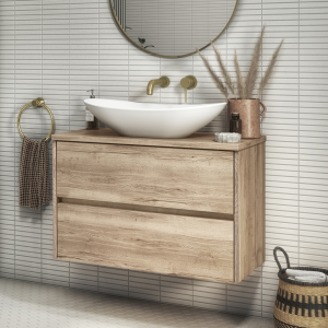 Venice Linea Rustic Oak Countertop Basin Unit   800mm 2 Drawer with Oval Gloss White Basin