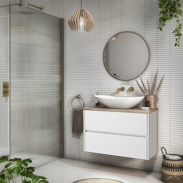 Venice Linea 800mm Satin White Vanity   Wall Hung 2 Drawer Unit with Rustic Oak Worktop - Image 2