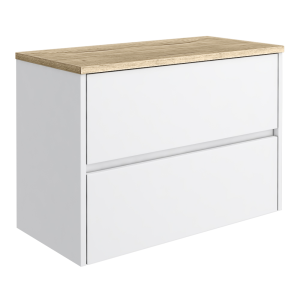 Venice Linea 800mm Satin White Vanity   Wall Hung 2 Drawer Unit with Rustic Oak Worktop