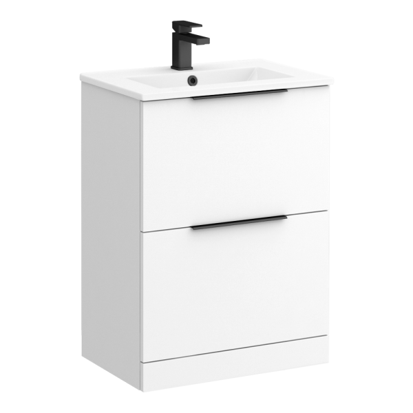 Venice Moderno 600mm White Floor Standing Vanity Unit with 2 Drawer and Matt Black Handles