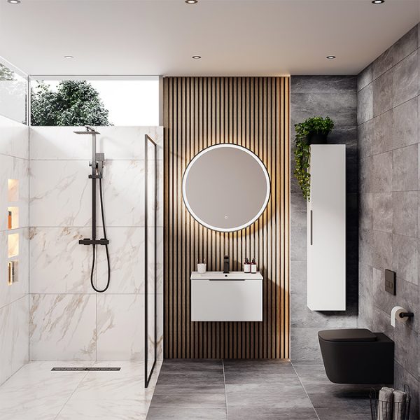 Venice Moderno 600mm White Wall Hung Vanity Unit with Single Drawer and Matt Black Handle - Image 5