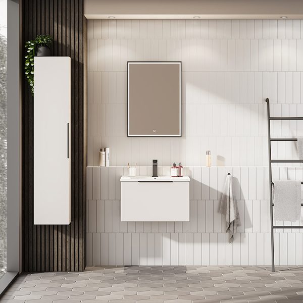 Venice Moderno 600mm White Wall Hung Vanity Unit with Single Drawer and Matt Black Handle - Image 2