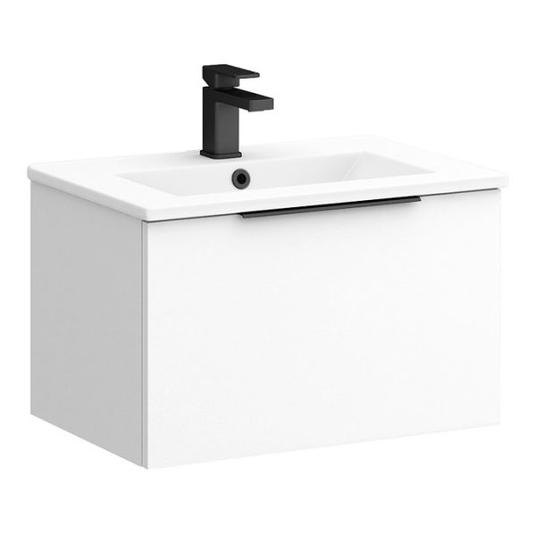 Venice Moderno 600mm White Wall Hung Vanity Unit with Single Drawer and Matt Black Handle - Image 4