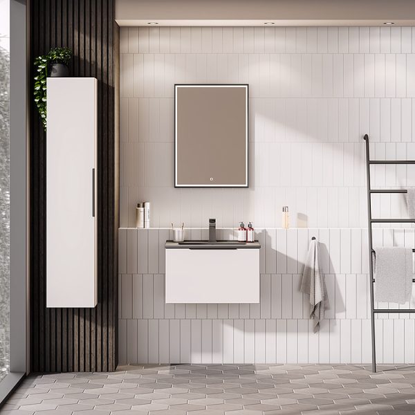 Venice Moderno 600mm White Wall Hung Vanity Unit with Single Drawer, Matt Black Slimline Basin + Handle - Image 2