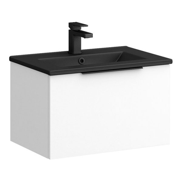 Venice Moderno 600mm White Wall Hung Vanity Unit with Single Drawer, Matt Black Slimline Basin + Handle - Image 4