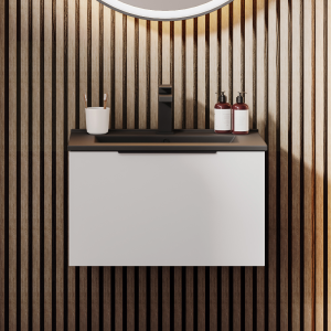 Venice Moderno 600mm White Wall Hung Vanity Unit with Single Drawer, Matt Black Slimline Basin + Handle