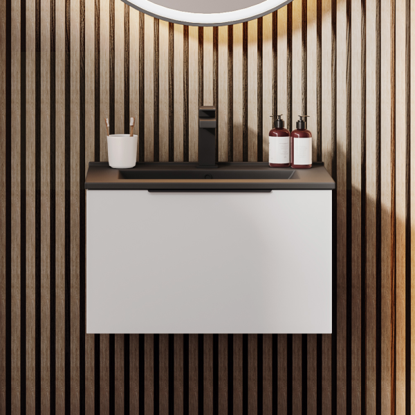 Venice Moderno 600mm White Wall Hung Vanity Unit with Single Drawer, Matt Black Slimline Basin + Handle