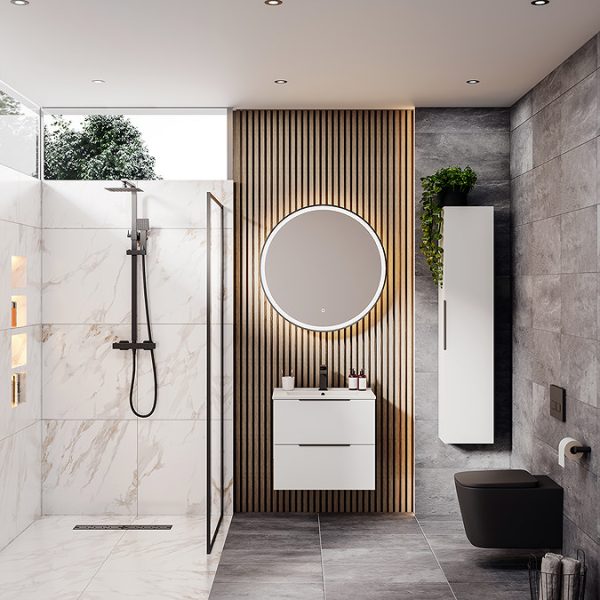 Venice Moderno 600mm White Wall Hung Vanity Unit with 2 Drawer and Matt Black Handles - Image 2