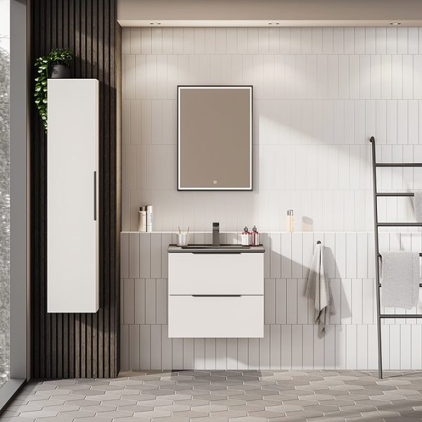Venice Moderno 600mm White Wall Hung Vanity Unit with 2 Drawer, Matt Black Slimline Basin + Handles - Image 2