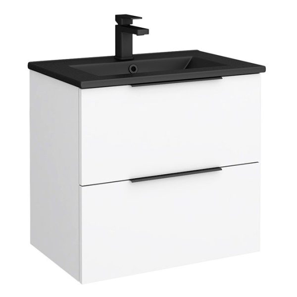 Venice Moderno 600mm White Wall Hung Vanity Unit with 2 Drawer, Matt Black Slimline Basin + Handles - Image 5