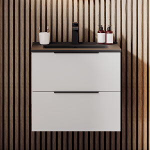 Venice Moderno 600mm White Wall Hung Vanity Unit with 2 Drawer, Matt Black Slimline Basin + Handles