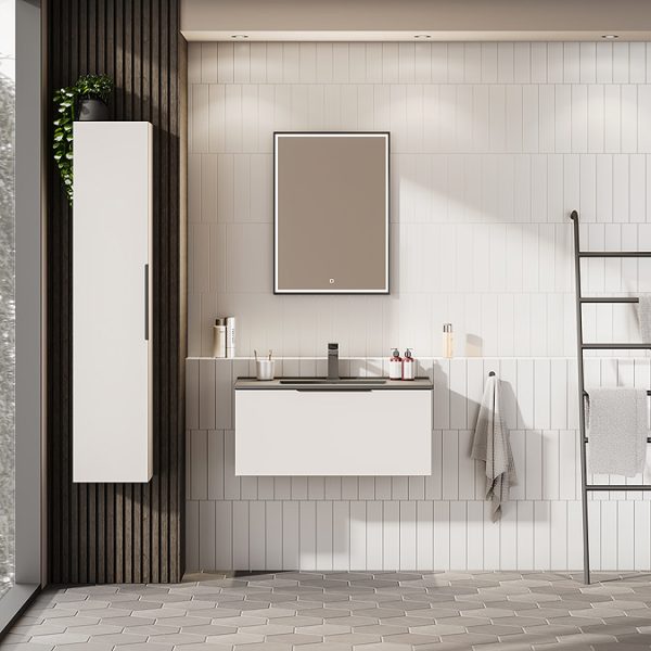 Venice Moderno 800mm White Wall Hung Vanity Unit with Single Drawer, Matt Black Slimline Basin + Handle - Image 2